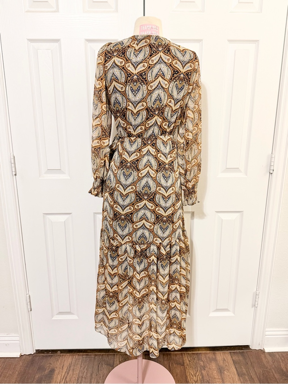 LC Lauren Conrad Long Sleeve Paisley Wrap Midi Dress in Cream, Brown & Black - Picture 3 of 3
